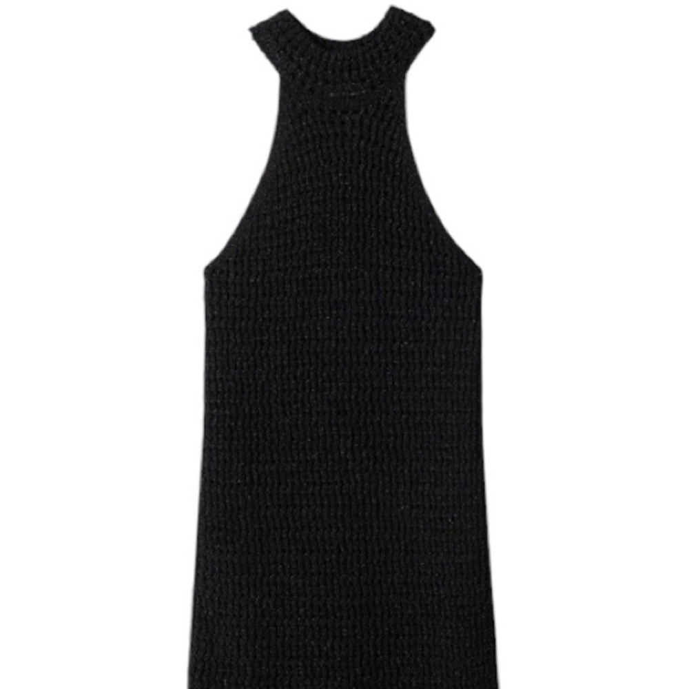 Mango Black Shimmer Halter Open Knit sheer Mini Dress Sleek Mini party Dress LBD - Picture 7 of 13